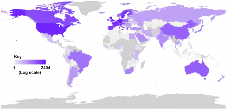 Map of countries which have at least one publication for IMI projects, 2010-2019